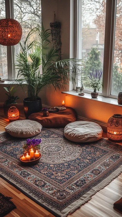 A tidy corner with a cushion, blanket, and warm lamp arranged for a calm relaxation routine